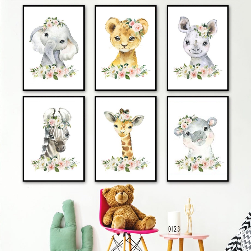 Baby Nursery Pictures - Floral Jungle Animals Canvas Prints Nursery