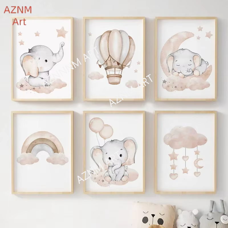 Baby Nursery Pictures - Elephant Balloon Rainbow Moon Stars Cloud