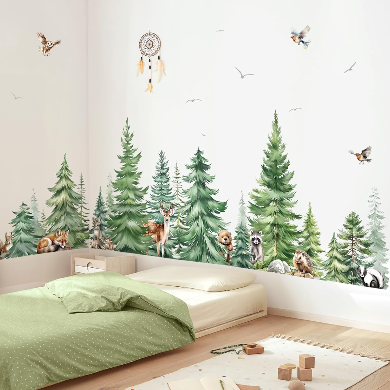 Baby Nursery Panelling - Large Watercolor Pine Tree Animals Wall