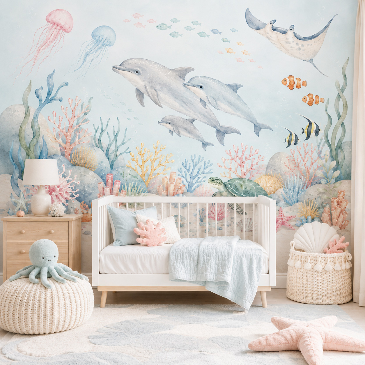Baby Nursery Peel And Stick Wallpaper - Underwater Sea Animals Self Adhesive Wallpaper