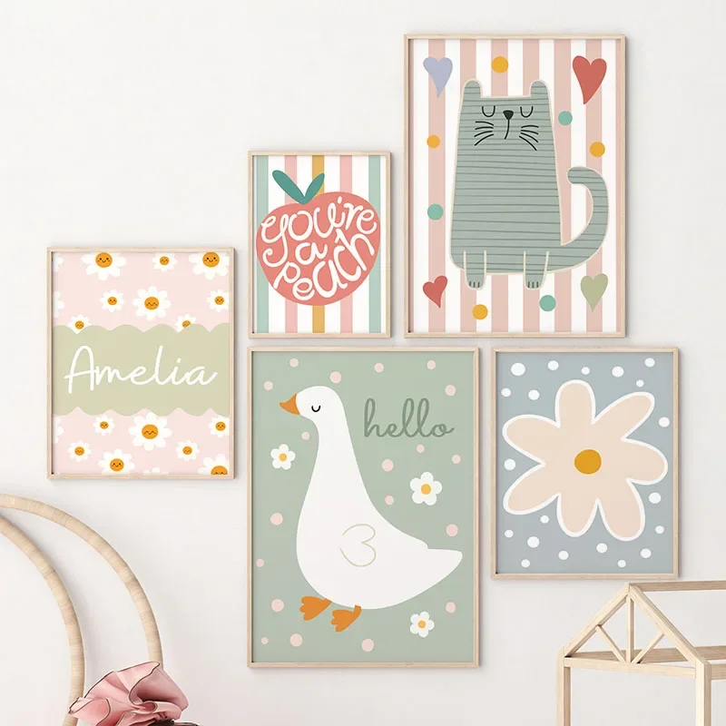 Baby Nursery Pictures - Cartoon Cat Duck Bird Apple Custom