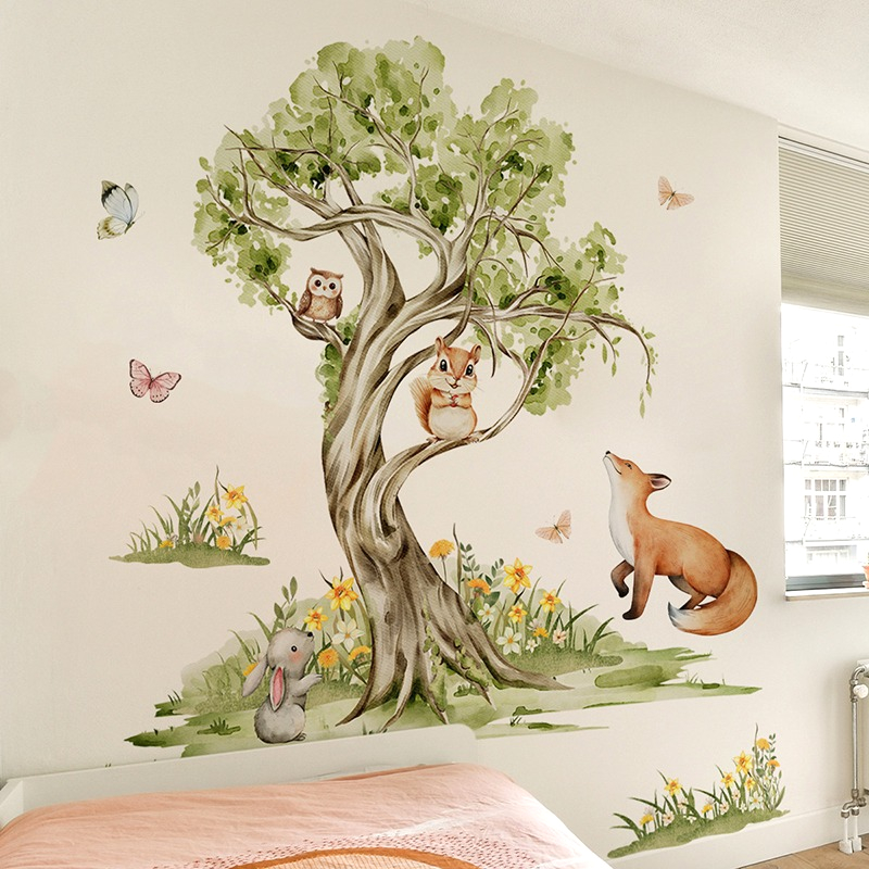 Baby Nursery Jungle Wallpaper - Watercolor Forest Large Tree Animals Wall