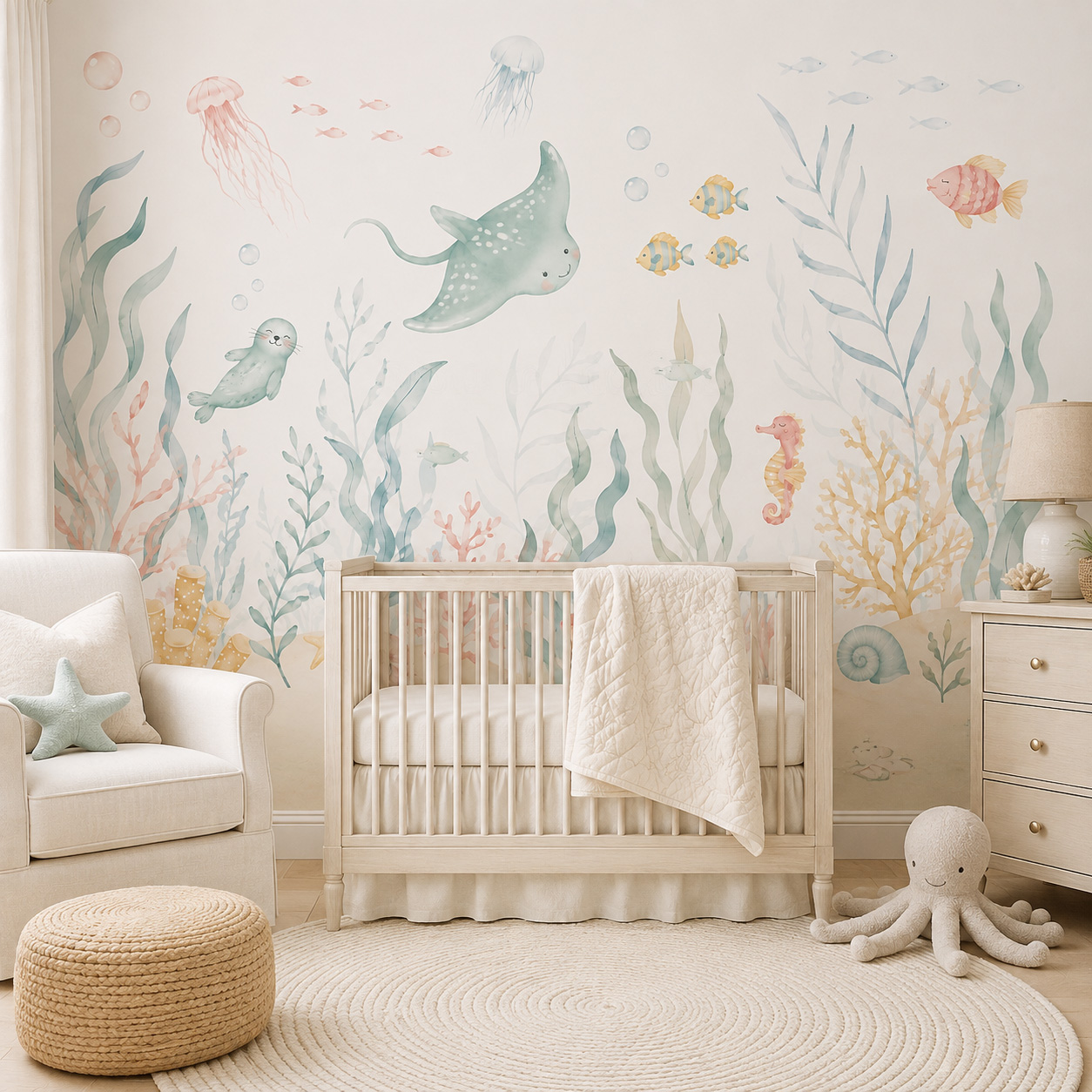 Baby Nursery Peel And Stick Wallpaper - Ocean Animals Self Adhesive Wallpaper Pastel