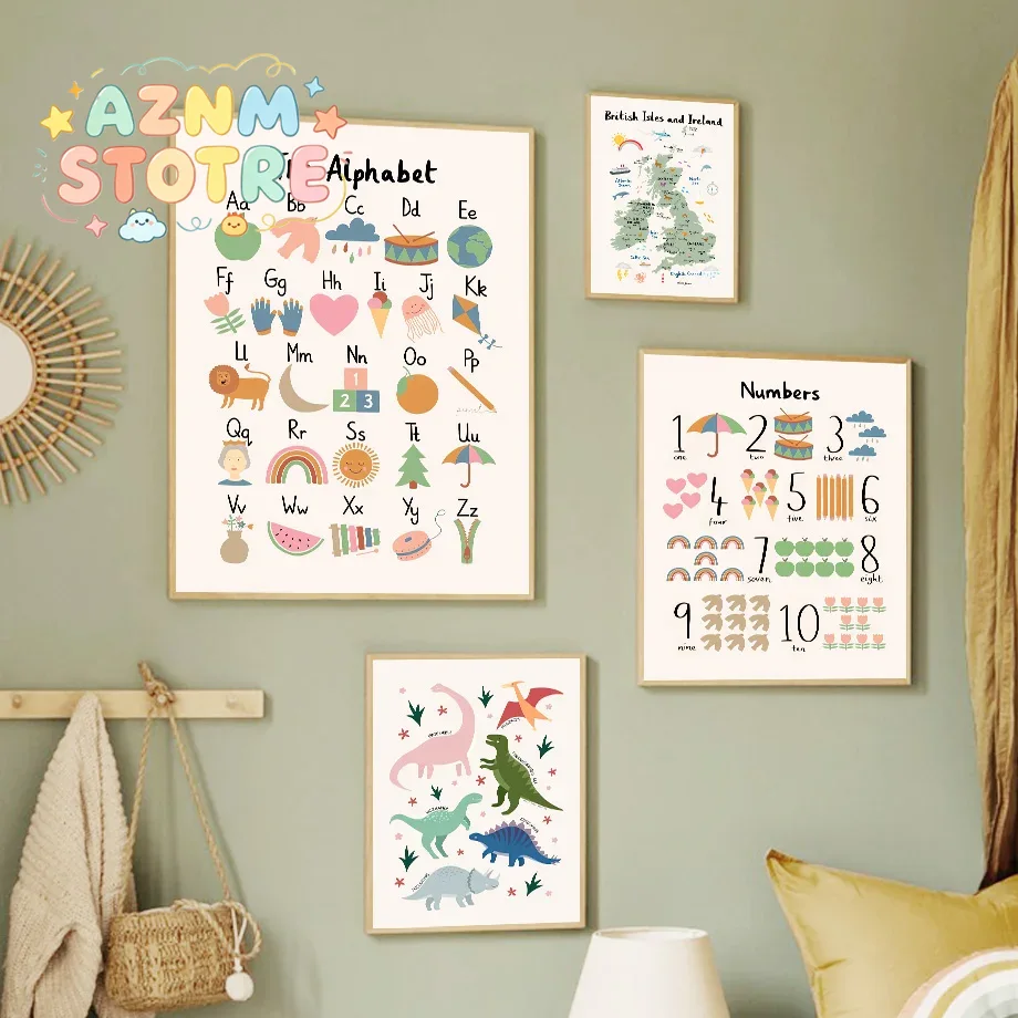 Baby Nursery Pictures - Animal World Map Dinosaur Alphabet Number