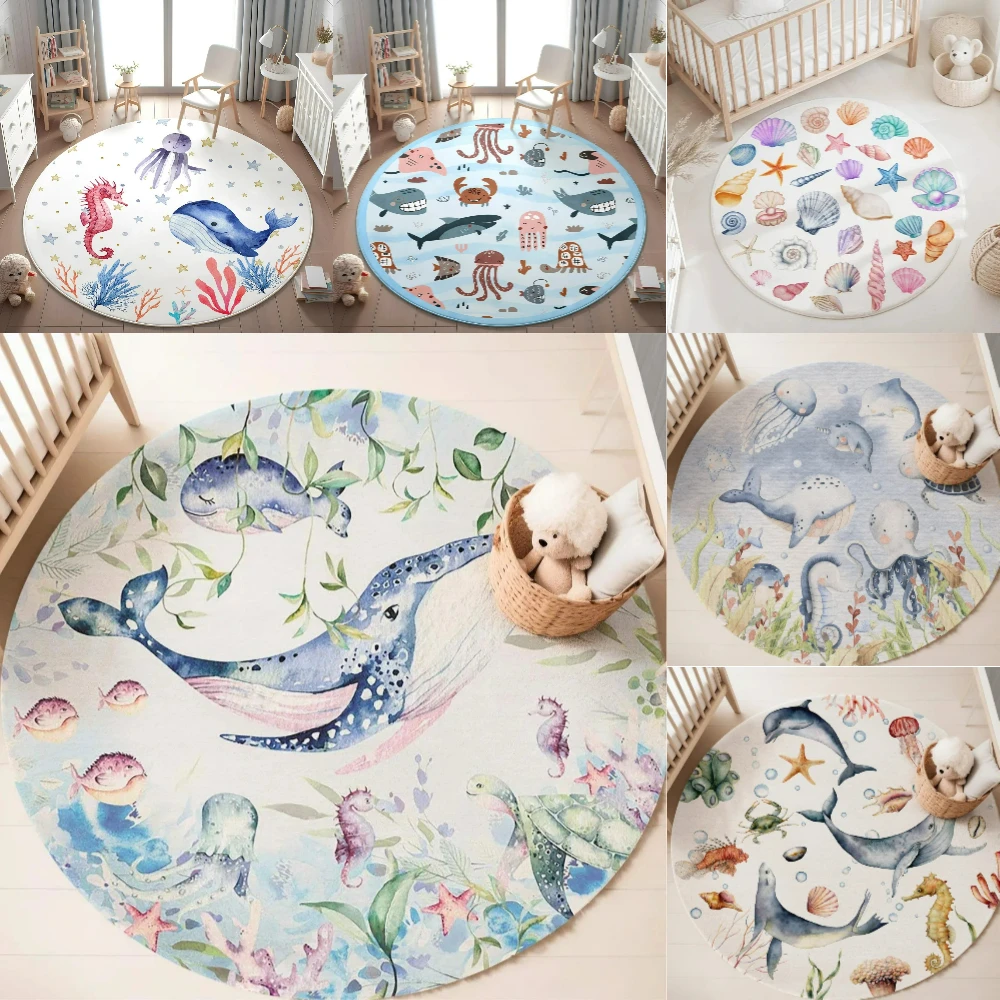 Baby Nursery Mat - Blue Marine animal Round Carpet for