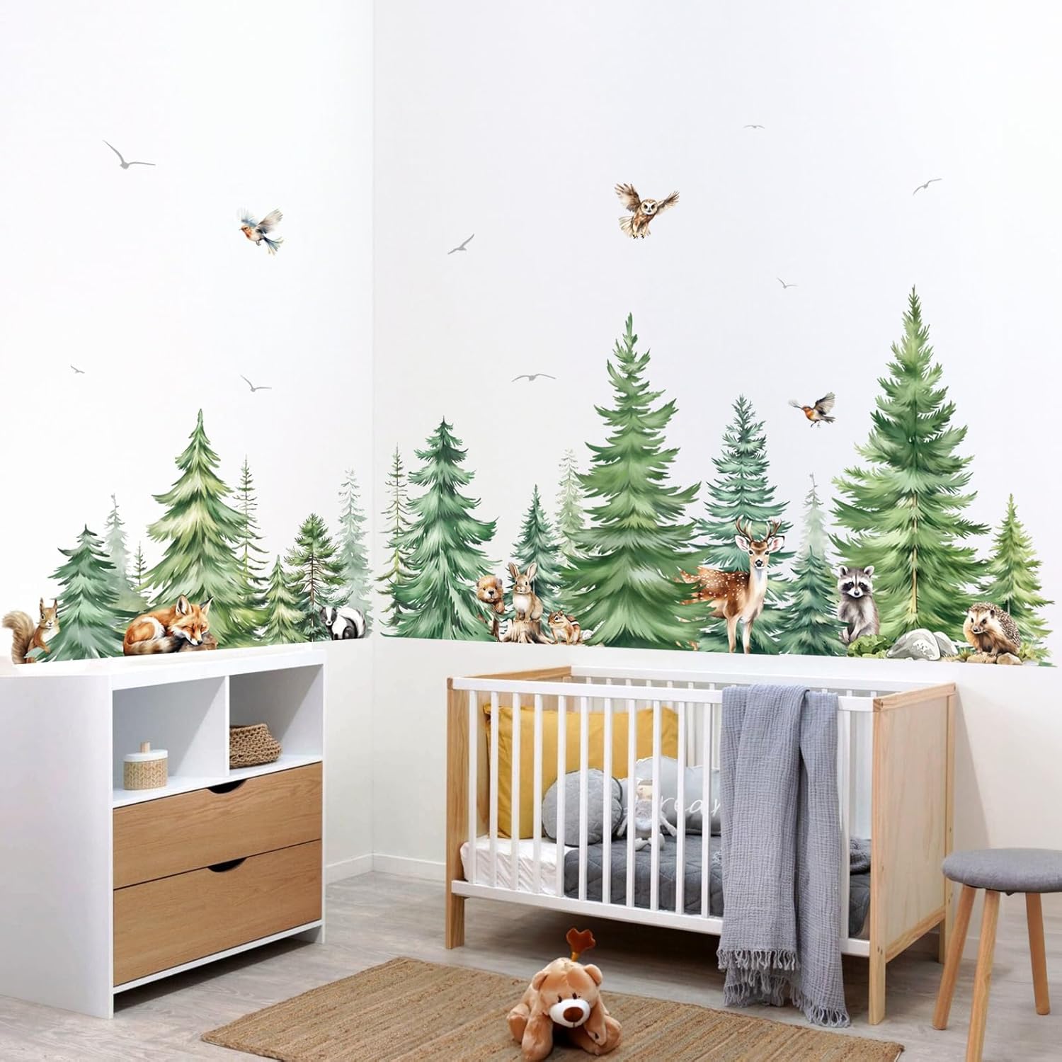 Large Watercolor Pine Tree Ani - đánh giá và giá Baby Nursery Panelling