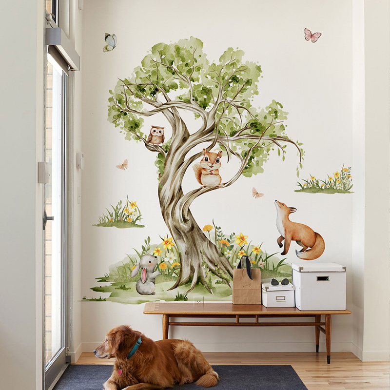 Watercolor Forest Large Tree A - đánh giá và giá Baby Nursery Jungle Wallpaper