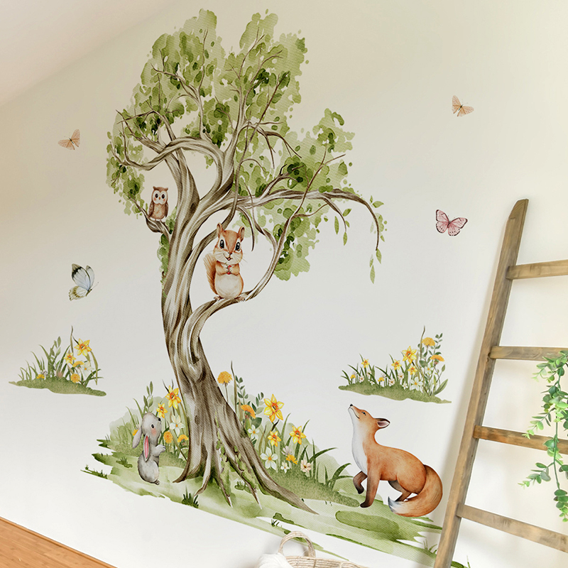 Watercolor Forest Large Tree A - đánh giá và giá Baby Nursery Jungle Wallpaper