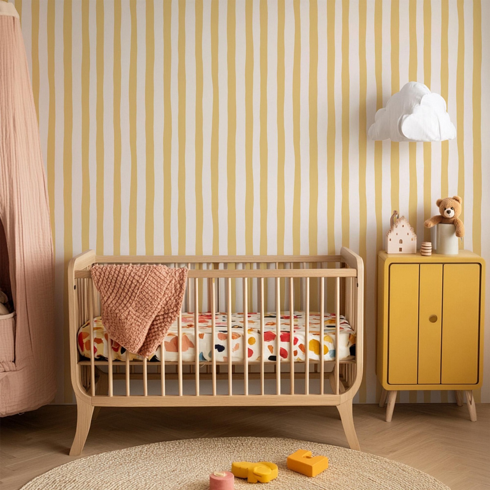 Sunshine Yellow Wobbly Stripes - đánh giá và giá Baby Nursery Peel And Stick Wallpaper